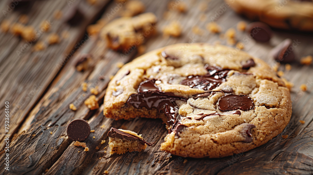 A mouthwatering chocolate chip cookie, surrounded by crumbs on a rustic wooden table A mouthwatering chocolate chip cookie, surrounded by crumbs on a rustic wooden table