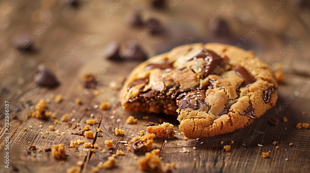 A mouthwatering chocolate chip cookie, surrounded by crumbs on a rustic wooden table