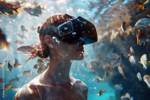A young woman wearing metaverse MK virtual reality glasses explores the underwater world. The concept of virtual travel