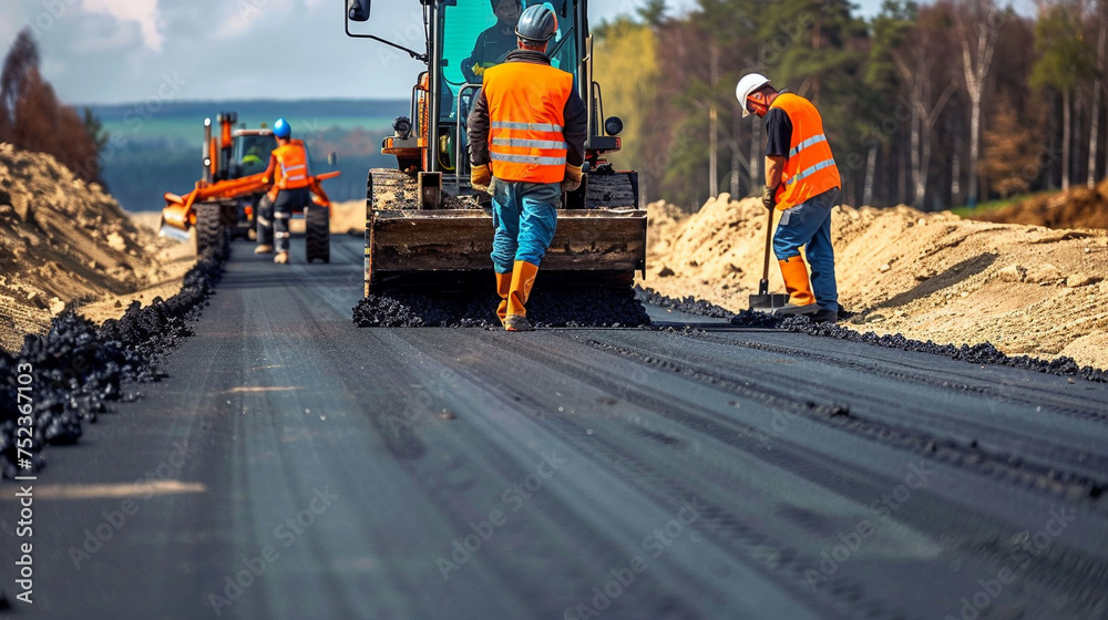 Construction workers are making a road, civil engineer standing and supervising the work Construction workers are making a road, civil engineer standing and supervising the work
