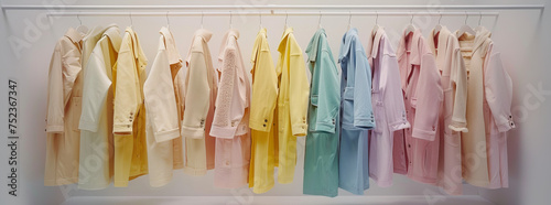 A stand with 7 different garments, in pastel colors. White clear background,generative ai