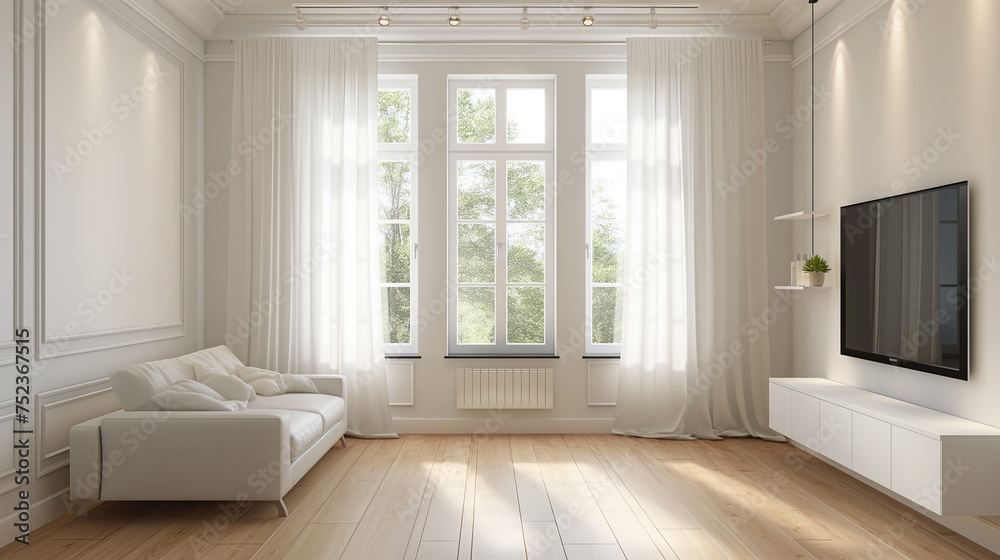 Living room with sofa and television and big window, home living with space, living room decoration, Living room with sofa and television and big window, home living with space, living room decoration,