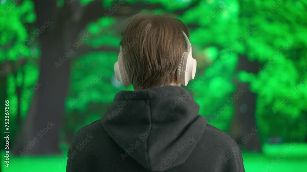 A young man enjoys music with large wireless headphones in the afternoon against the backdrop of a green park. Back view. A young man enjoys music with large wireless headphones in the afternoon against the backdrop of a green park. Back view.