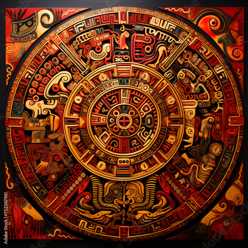 Exquisite Aztecan art in vibrant hues sketching mythical and celestial motifs