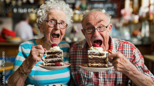An elderly couple sitting at a table in a restaurant  happily enjoying a slice of cake together