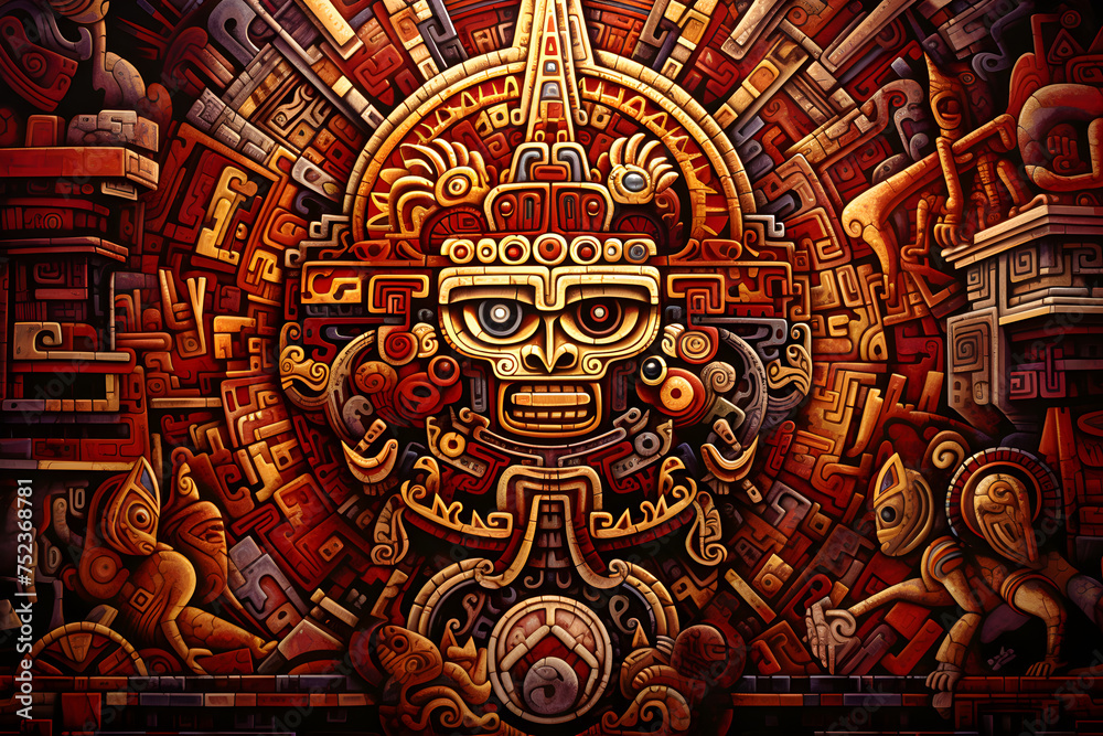 Exquisite Aztecan art in vibrant hues sketching mythical and celestial motifs