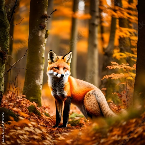 Cute Red Fox, Vulpes vulpes, fall forest. Beautiful animal in the nature habitat. Orange fox, detail portrait, Czech.
