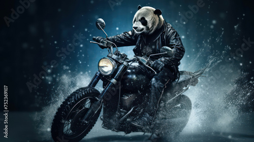 Panda bear riding a motorcycle, wild panda, motor, leather jacket, motorcyclist, black background