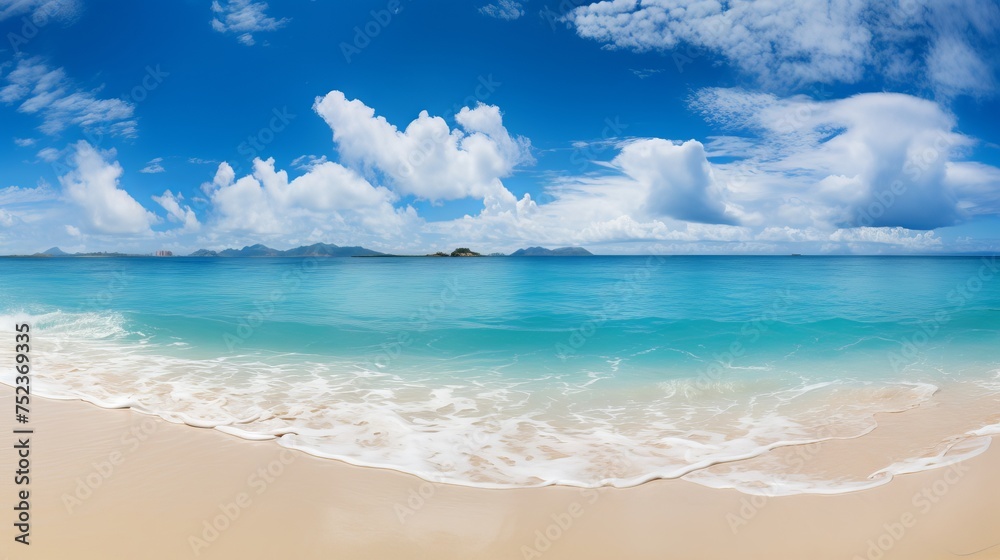 Soothing Seascape: Canon RF 50mm Capture of Tranquil Sandy Beach and Gentle Blue Ocean Wave