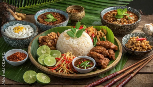 Enticing Image of Nasi Campur Bali - Popular Balinese Meal Highlighting Traditional Rice Dish with Variety of Flavors, Colors, and Optional Extras - Optimized for Cultural Richness and Culinary Divers