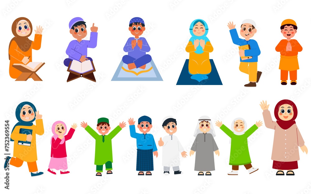 cute muslim kids vector illustration