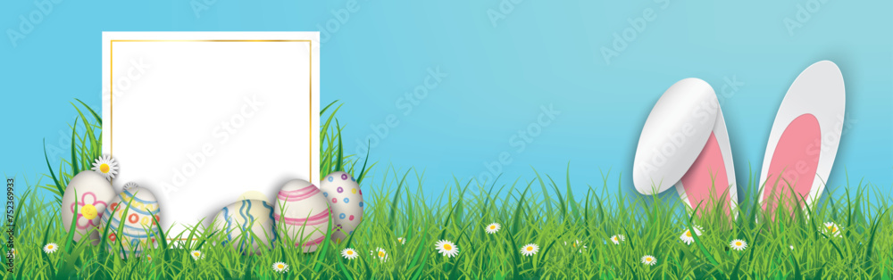 Fototapeta premium Easter Frame Eggs Hare Ears Spring Blue Header
