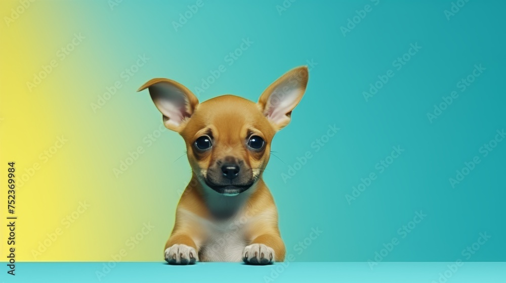 Young adorable puppy on vibrant background, cute dog with custom text space for ads and promotions