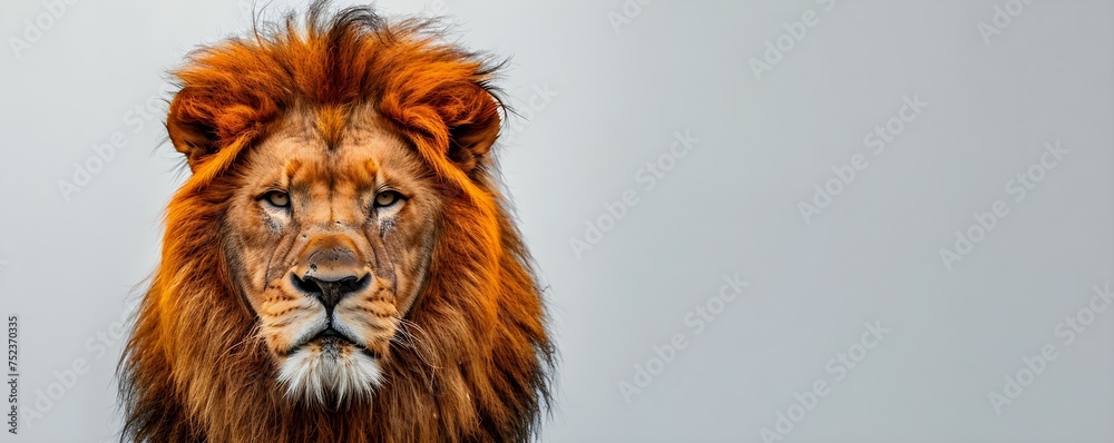 Regal lion with fiery mane poised on white background radiating majesty. Concept Animal Portraits, Majestic Lions, Fiery Manes, Regal Photography, White Backgrounds Regal lion with fiery mane poised on white background radiating majesty. Concept Animal Portraits, Majestic Lions, Fiery Manes, Regal Photography, White Backgrounds