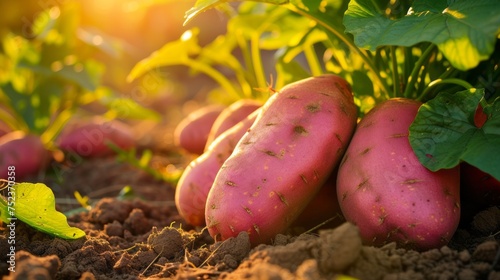 Growing sweet potato harvest and producing vegetables cultivation. Concept of small eco green business organic farming gardening and healthy food