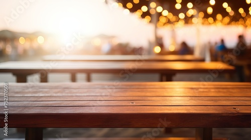Cozy Coastal Ambiance: Wooden Table Amidst Beachside Cafes with Bokeh Lights, Canon RF 50mm f/1.2L USM Capture