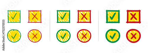 hand drawn check mark and cancel sign. scribble confirmation and cancel symbol
