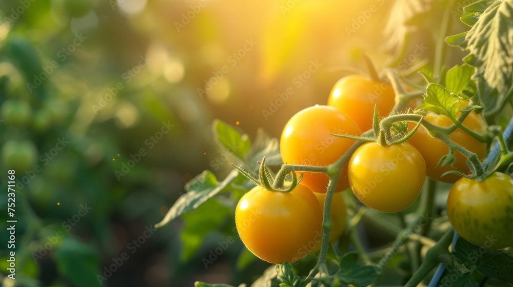 Growing yellow tomato harvest and producing vegetables cultivation. Concept of small eco green business organic farming gardening and healthy food