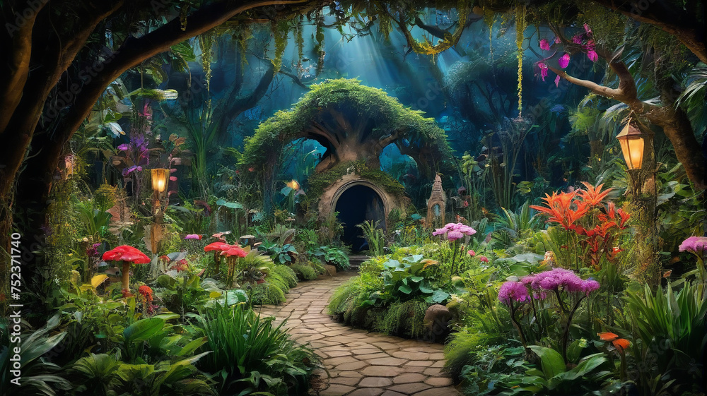 Obraz premium Enchanted garden in the middle of the forest, generative AI
