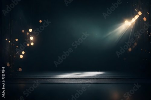 Dark wooden boards floor background with sparkles and soft low light, product mockup, cinematic, bokeh effect