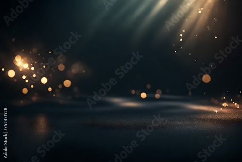 Dark grainy floor background with sparkles and soft low light, product mockup, cinematic, bokeh effect