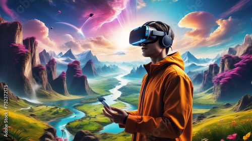 A man in a virtual world  wearing a Google VR headset  generative AI  