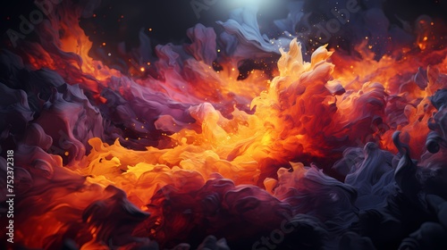 A collision of amethyst and fiery red liquids creates a mesmerizing burst of energy, filling the space with vibrant abstract patterns. HD camera captures the intense collision with precision