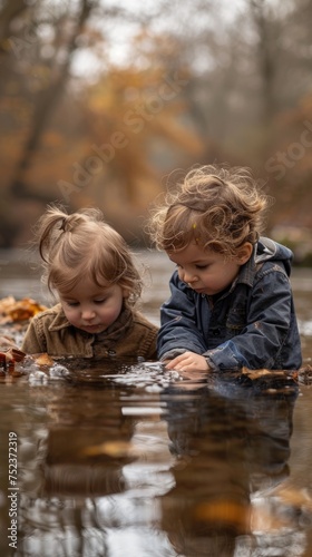 Two young children play with water beside a pond, surrounded by the beauty of autumn leaves and nature.