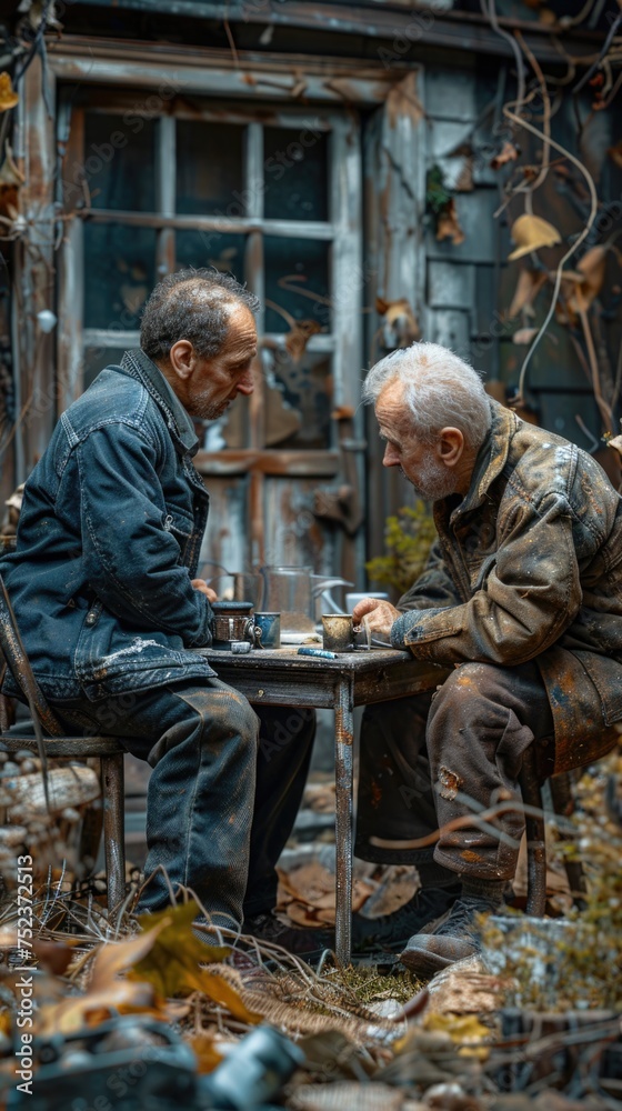 Two men are seated at a table engaged in a game of chess, strategizing their moves. Two men are seated at a table engaged in a game of chess, strategizing their moves.