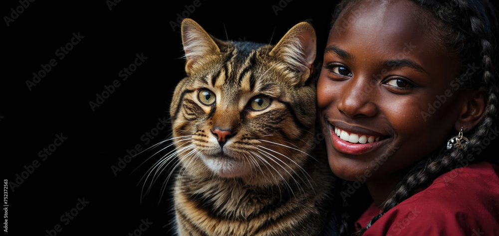 portrait of pretty young ivory coast woman with ethnic clothing and a fluffy furry cat in her arms