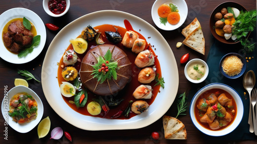 Fototapeta Naklejka Na Ścianę i Meble -  A diverse dish beautifully presented on a plate, generative AI

