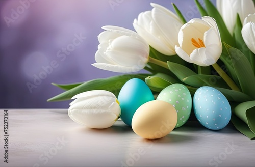 Close-up nest with easter eggs and bouquet of tulips  easter card  copy space