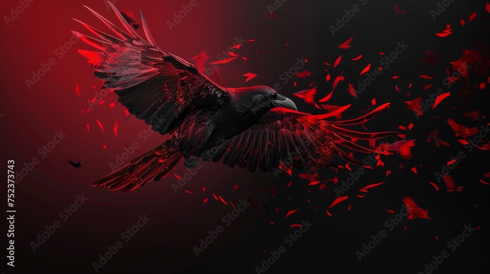 Raven black and phoenix red, dynamic contrast theme, bold dramatic flair, vibrant energy pulse, striking visual impact, intense color drama, modern dynamic design, powerful aesthetic force - obrazy, fototapety, plakaty 