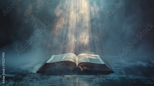 Silhouette of a Bible floating in mid-air with light rays photo