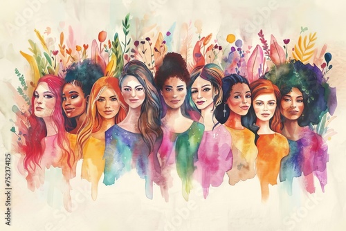 Celebration of international women's day with a group of diverse and happy women Depicted in a watercolor style Promoting unity and empowerment