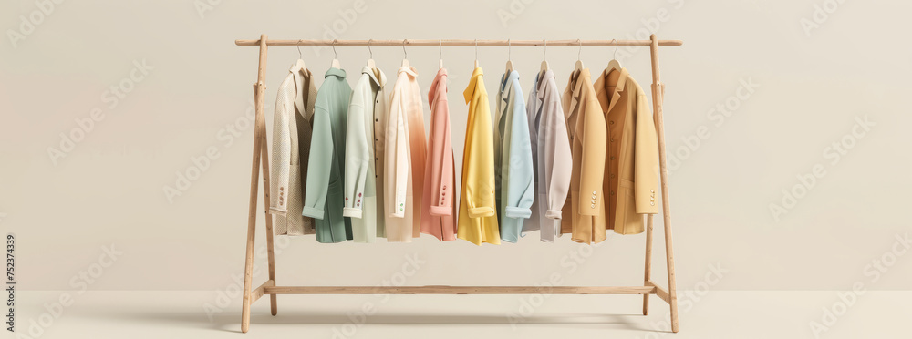 A stand with 7 different garments, in pastel colors. White clear background,generative ai