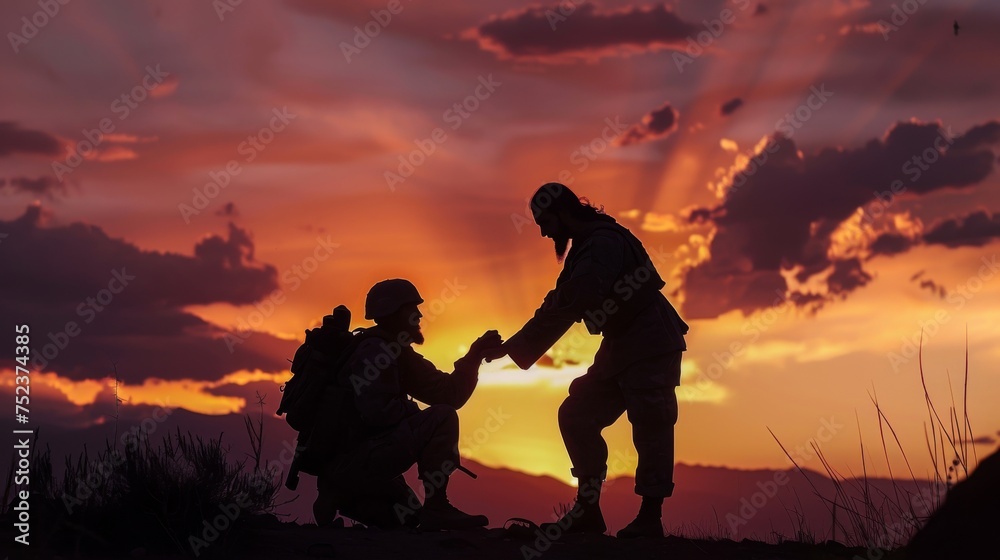 Silhouette of Jesus Christ comforting a soldier in a time of war.