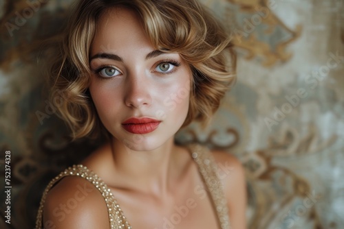 Portrait of a beautiful young girl with red lips indoors