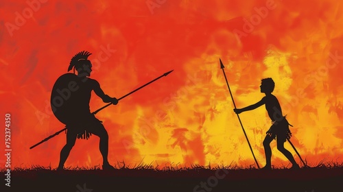 Silhouette of David and Goliath facing off with slingshot and spear