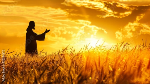 Silhouette of Jesus Christ blessing a field before the harvest in rural landscape.