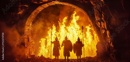 Silhouette of Shadrach, Meshach, and Abednego in the fiery furnace unharmed photo