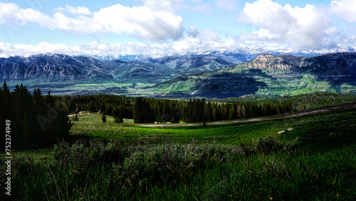 Spectacular view at Beartooth Highway Wyoming. A Drive of incredible beauty. Yellowstone. Alpine mountains covered by snow and green woods. Northwest. Majestic beartooth mountains landscape. Road trip