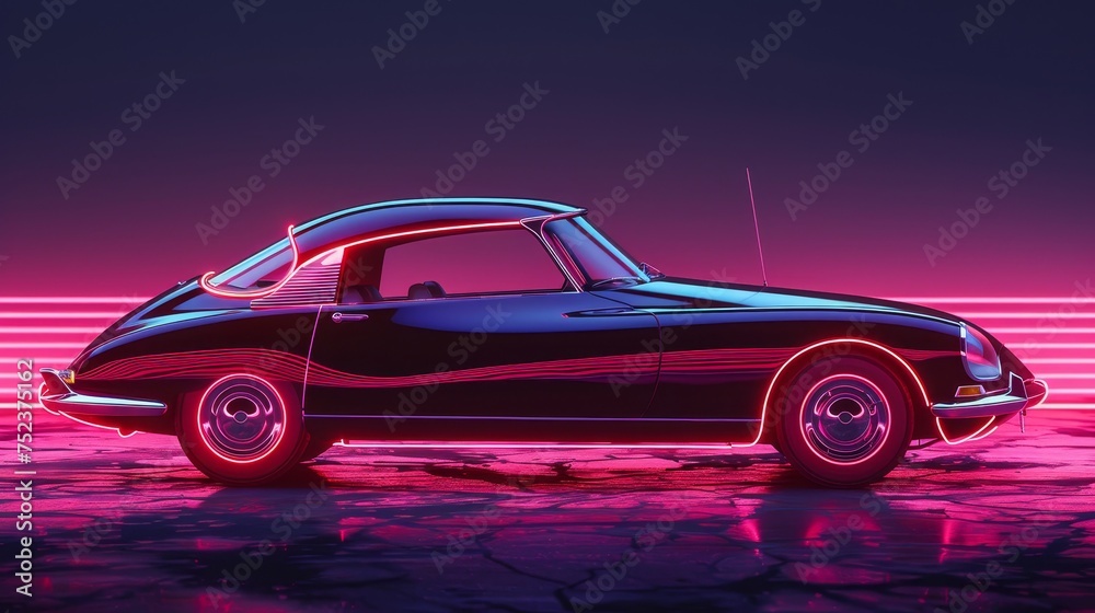 A classic sports car showcasing a futuristic look with neon underglow lighting against a cyberpunk backdrop.