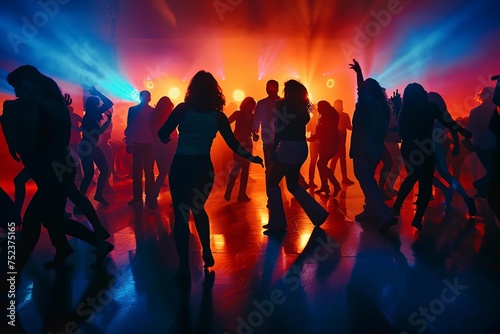 Dance floor alive with silhouettes of people moving to the music Capturing the energy and joy of dancing in a vibrant setting.
