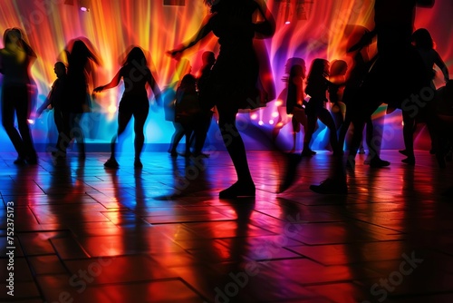 Dance floor alive with silhouettes of people moving to the music Capturing the energy and joy of dancing in a vibrant setting