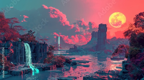 This captivating image illustrates an otherworldly scene of ancient ruins bathed in neon light from a luminous full moon, set in a mysterious, tranquil landscape.