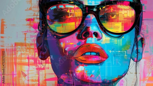A digital art portrait of a woman with oversized sunglasses reflecting a colorful abstract cityscape.