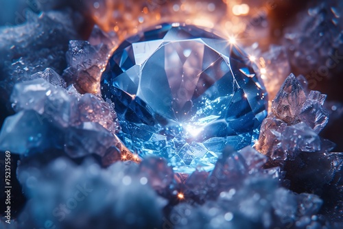 Close-up of a sparkly blue gemstone encircled by rough crystals highlighting its clarity and luxury