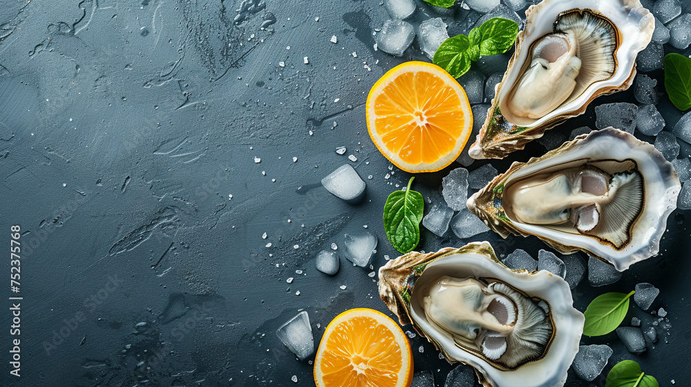 Fresh oysters with ice and green on the dark background Fresh oysters with ice and green on the dark background