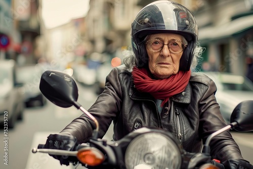 Elderly woman navigating busy city streets on her motorbike Her expression a mix of concentration and adventure Reflecting the vitality of senior life in urban settings